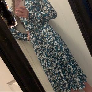 Blue, white, black flowered print dress.